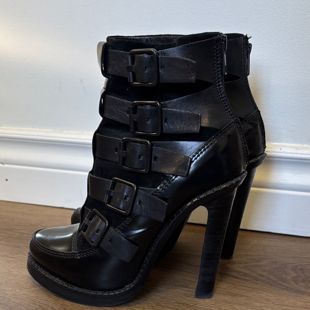 ALL SAINTS ‘Widow’ Black Leather Multi-Buckle Platform Heeled Boots 37 - Picture 7 of 12